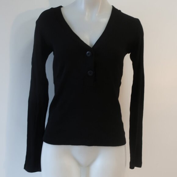 Womens Monrow Black 2-Button V-Neck Ribbed Long Sleeve Top M - Picture 1 of 9